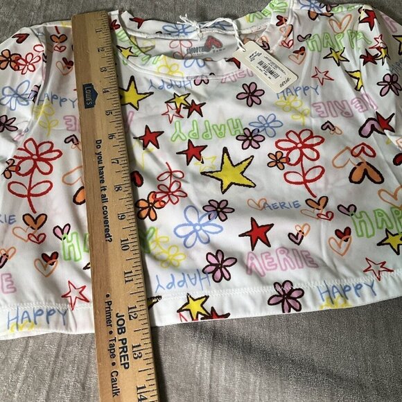 NWT Aerie Stretch Crop Top Happy Floral Hearts Summer Lightweight Festival Beach - Picture 9 of 11